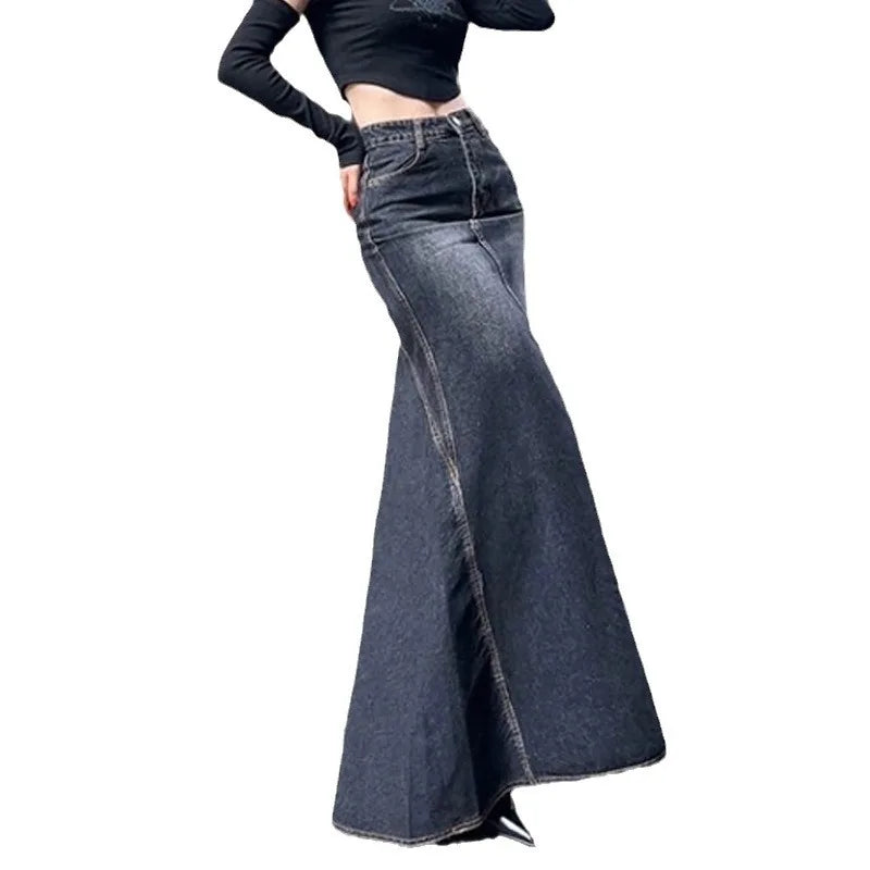 Maxi Skirt Women Casual Mermaid Streatwear High Waist Zipper Denim Skirts Y2k Streetwear Loose Long Mom Jeans Ankle Lenth Summer