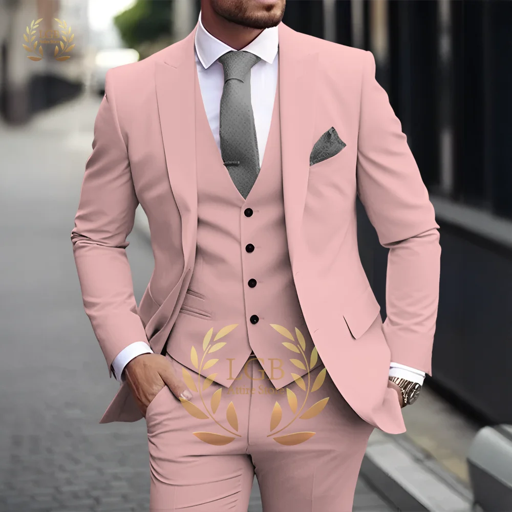 Men's Khaki 3-Piece Suit Classic Peak Lapel Business Formal Wedding Groom Slim Fit Elegant Gentleman Style Fashion Blazer