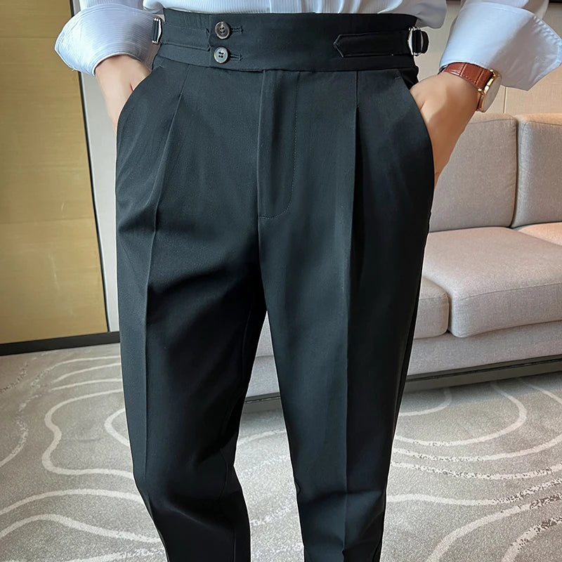 High Quality Neapolitan Mens Suit Pants, Slim Fit Casual Trousers, Blue Vintage High Waist Dress Pants Men ，pantalon Homme Luxe