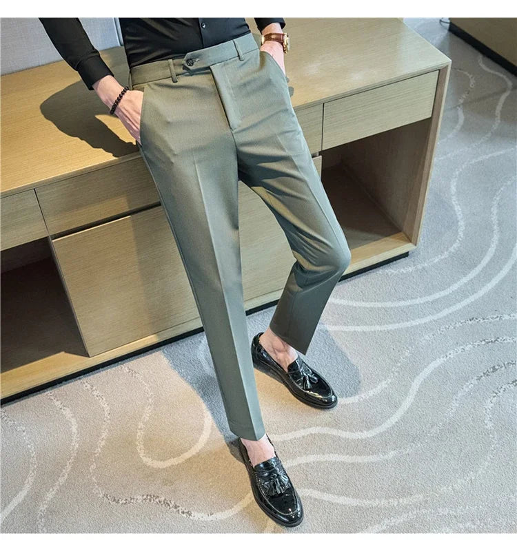 2025  New Autumn Green Premium Dark Stripe Formal Pants for Men,Coffee Slim Small Foot Mens Casual Trousers/Dress Pants Men