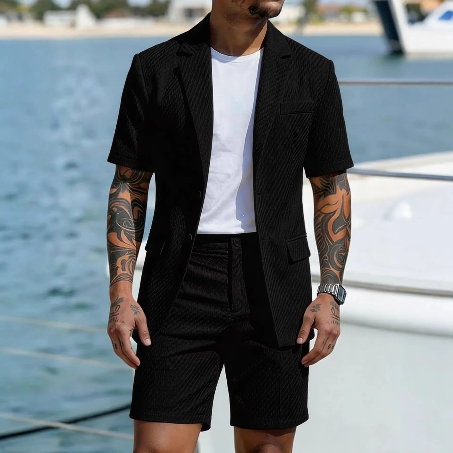Men Suit Set Summer British Style Solid Color Short Sleeve Male Outfit Slim Breathable Business Wedding Man 2-piece Suit
