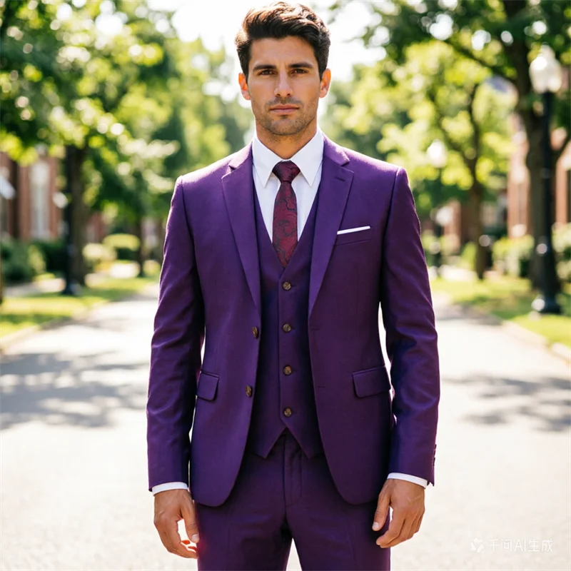 2026 Men's Purple Three Piece Set: Wedding/party/office Slim Fit Suit Jacket, Paired with Vest and Pants.European Sizes XXXS-XXL