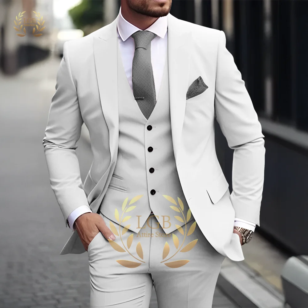 Men's Khaki 3-Piece Suit Classic Peak Lapel Business Formal Wedding Groom Slim Fit Elegant Gentleman Style Fashion Blazer