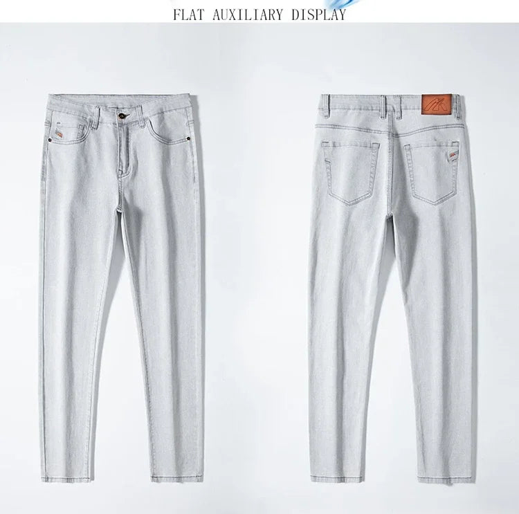 2024 New in Streetwear New Men's Light Gray Thin Slim Fit Jeans  Business Stretch Denim Trousers Male Pants