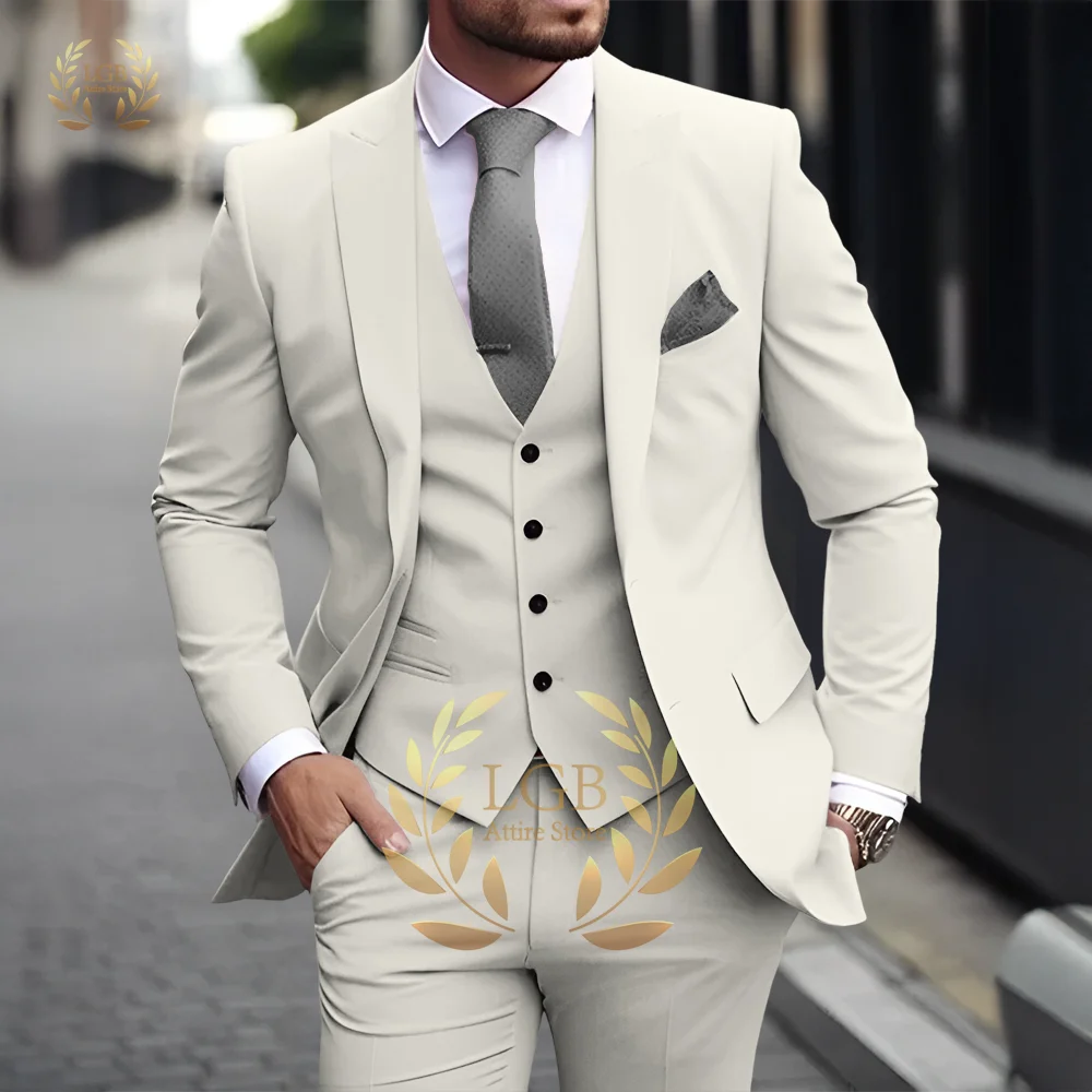 Men's Khaki 3-Piece Suit Classic Peak Lapel Business Formal Wedding Groom Slim Fit Elegant Gentleman Style Fashion Blazer