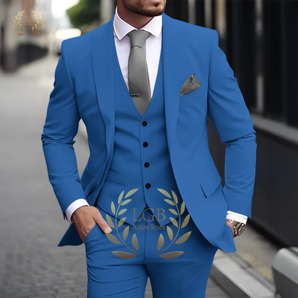 Men's Khaki 3-Piece Suit Classic Peak Lapel Business Formal Wedding Groom Slim Fit Elegant Gentleman Style Fashion Blazer